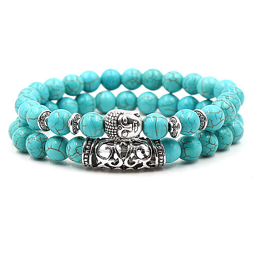 2Pcs Synthetic Turquoise Stretch Bracelet Sets for Women Men IX3190-1-1