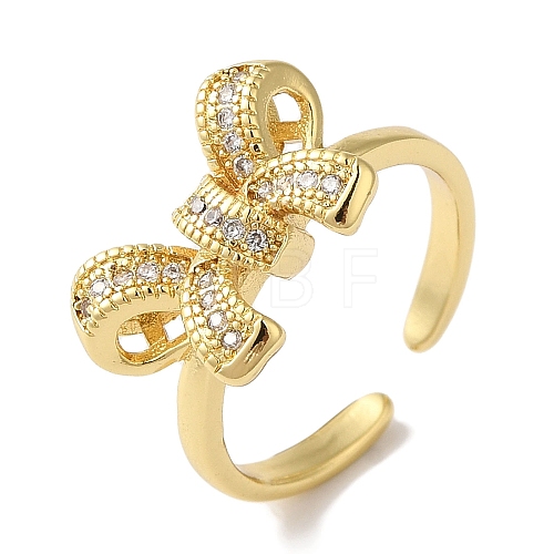 Bowknot Brass Micro Pave Clear Cubic Zirconia Open Cuff Rings for Women RJEW-C098-08G-1