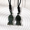 Natural Moss Agate Fish Pendant Black Nylon Cord Necklaces NJEW-G185-01F-1