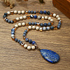 Natural Lapis Lazuli Flat Teardrop Pendant Round Gems and Cube Glass Beaded Long Necklaces for Women FS-WG9FE58-01-1