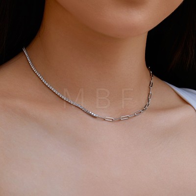 Rhodium Plated 925 Sterling Silver Pave Clear Cubic Zirconia Paperclip Chain Necklaces for Women NJEW-Q342-10P-1