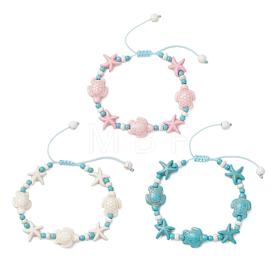 3Pcs 3 Styles Starfish & Turtle Synthetic Turquoise Beads Braided Bead Bracelets for Women BJEW-JB12130-1