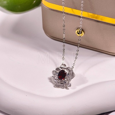 925 Sterling Silver Pave Clear Cubic Zirconia and Natural Garnet Flower Pendant Necklaces for Women FS-WGAB3DC-05-1