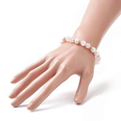 Natural Rose Quartz & Pearl Round Beaded Stretch Bracelet for Women BJEW-JB09246-03-1
