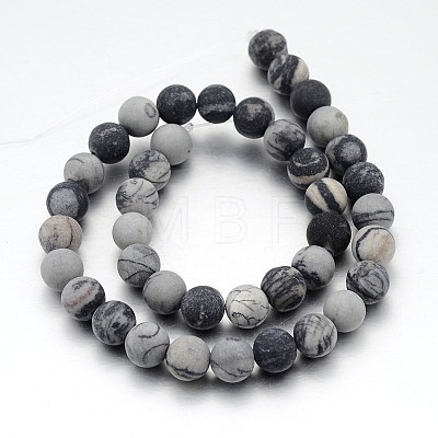 Frosted Round Natural Black Silk Stone/Netstone Bead Strands G-J276-65-10mm-1