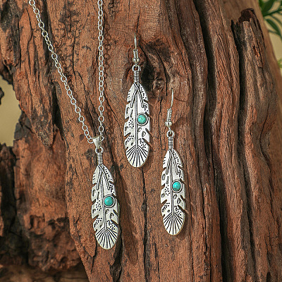 Bohemian Ethnic Style Zinc Alloy & Synthetic Turquoise Pendant Necklaces & Dangle Earrings Sets WG7E01E-08-1