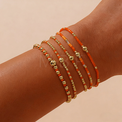 5Pcs 5 Styles Bohemian Style Glass Seed Bead & Brass Beads Stretch Bracelets Set for Women XX3462-5-1