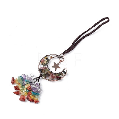 Natural Tourmaline Moon with Mixed Gemstone Chips Tassel Pendant Decorations G-L524-07R-A07-1