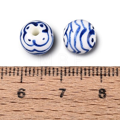 Hand Painted Blue and White Striped Round Porcelain Beads PORC-Q007-01C-1