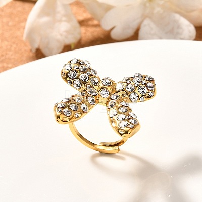 Bowknot 304 Stainless Steel Rhinestone Cuff Rings for Women RJEW-A058-01B-G-1