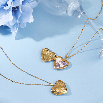 2Pcs 316 Surgical Stainless Steel Heart Photo Locket Pendant Cable Chain Necklaces for Women NJEW-DC0001-15G-1