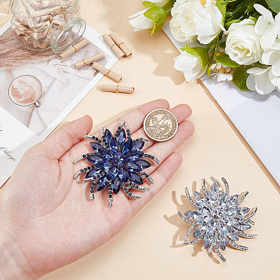 2Pcs 2 Colors Flower Alloy Glass Rhinestone Lapel Pins for Wedding Party JEWB-DR0001-07C-1