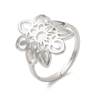 304 Stainless Steel Hollow Flower Adjustable Ring for Women RJEW-M149-09P-1