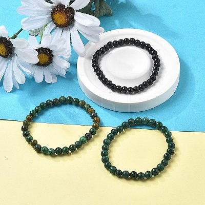 3Pcs 3 Style Natural African Turquoise(Jasper) & Black Agate Round Beaded Stretch Bracelets Set PW23030764297-1