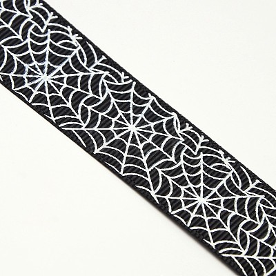 Halloween Ornaments Spider Web Pattern Printed Grosgrain Ribbons SRIB-L005-25mm-02-1