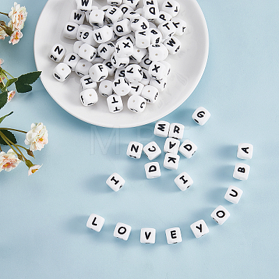 20Pcs White Cube Letter Silicone Beads 12x12x12mm Square Dice Alphabet Beads with 2mm Hole Spacer Loose Letter Beads for Bracelet Necklace Jewelry Making JX432A-1
