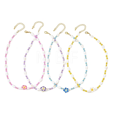 Polymer Clay Flower & Glass & Natural Trumpet Shell Beaded Necklaces for Women NJEW-JN06579-1