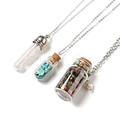 3Pcs 3 Styles Glass Wishing Bottle Pendant Necklaces NJEW-FS0001-02-1