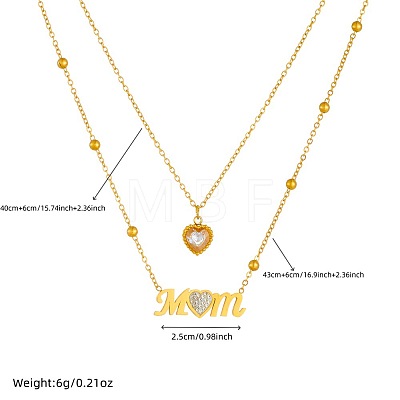 304 Stainless Steel Pave Clear Cubic Zirconia Mom Heart Pendant Double Layer Necklaces for Mother's Day WG85AFE-01-1