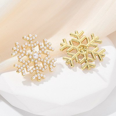 Snowflake Brass & ABS Imitation Pearl Stud Earrings EJEW-M077-03G-1