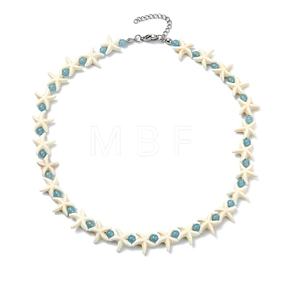 Ocean Synthetic Turquoise Starfish and Dyed Round Natural White Jade Beaded Necklaces NJEW-JN06201-1