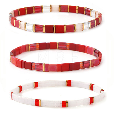 Handmade Red and White Glass Beaded Stretch Tile Bracelet Sets MA5695-1