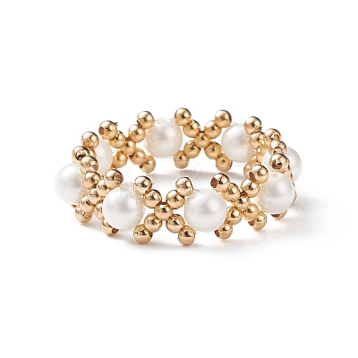 Shell Pearl & Brass Braided Bead Cross Finger Ring for Women RJEW-TA00053-1