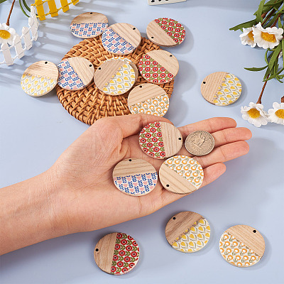 16Pcs 4 Colors Printed Resin & Wood Pendants WOOD-BT0001-13-1