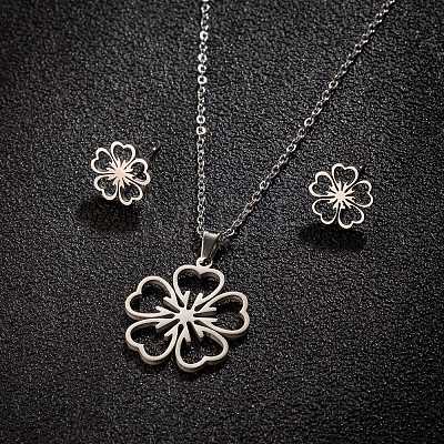 Stainless Steel Flower Stud Earrings & Pendant Necklaces Sets for Women PW-WG215D6-04-1