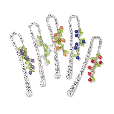 5Pcs 5 Style Mixed Natural Gemstone Bead Pendant Bookmarks with Acrylic Leaf AJEW-JK00272-S-1