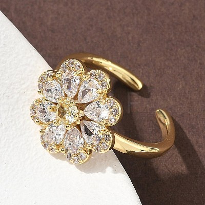Flower Brass Micro Pave Cubic Zirconia Cuff Rings for Women RJEW-A069-01B-G-1