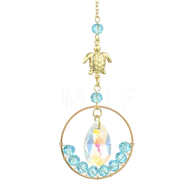 Ocean Theme Glass Round Beads & Teardrop Suncatcher with Brass Charm HJEW-JM04939-02-1