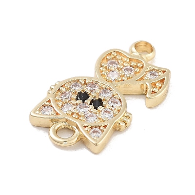 Brass Pave Clear & Black Cubic Zirconia Pet Kitten Connector Charms KK-Z061-01G-01-1