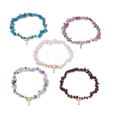 Natural Gemstone Chip & Cube Non-magnetic Synthetic Hematite Beaded Stretch Bracelets BJEW-JB10630-02-1