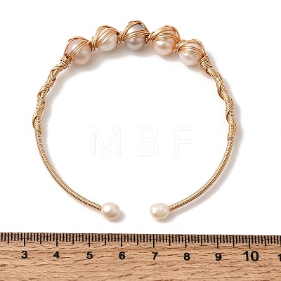 Brass Wire Wrapped Natural  Pearl Cuff Bangles for Women BJEW-D453-06G-1