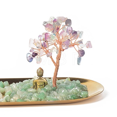 Natural Fluorite Money Tree Buddha Sculpture Set Incense Burner & Natural Green Aventurine on Trays for Wealth DJEW-G027-19RG-06-1