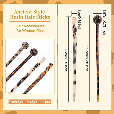 Olycraft 4Pcs 4 Style Ancient Style Cellulose Acetate(Resin) Hair Sticks MRMJ-OC0003-06-1