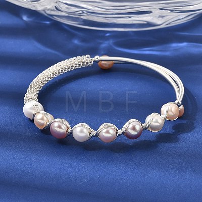 Brass Wire Wrapped Natural  Pearl Cuff Bangles for Women BJEW-D453-05S-1
