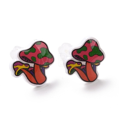 Acrylic Cartoon Mushroom Stud Earrings with Platic Pins for Women EJEW-F293-03B-1