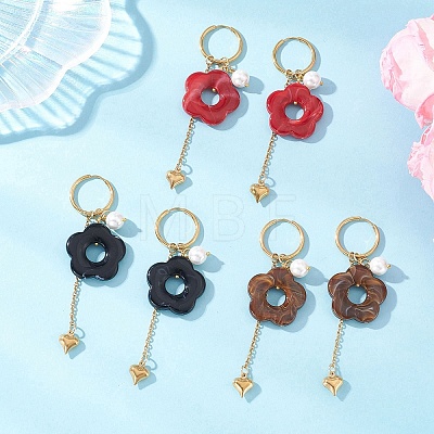 304 Stainless Steel Flower with Heart Tassel Hoop Earrings EJEW-JE06730-1
