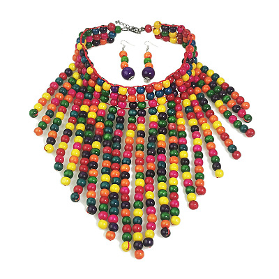 Bohemian Style Wood Round Beaded Pendant Necklaces & Dangle Earrings Sets FS-WG26D1A-01-1