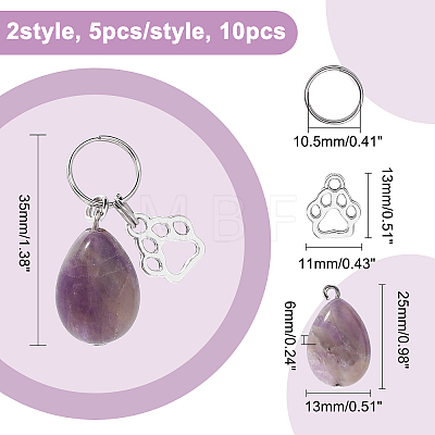 10Pcs 2 Style Natural Gemstone Teardrop Keychains HJEW-CA0001-21-1