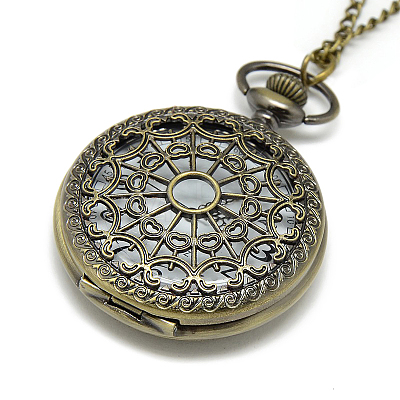 Alloy Flat Round Pendant Necklace Pocket Watch WACH-N012-04-1