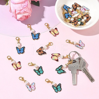 20Pcs 5 Colors Butterfly Alloy Enamel & Glass Pearl Pendant Decorations HJEW-YW00563-1