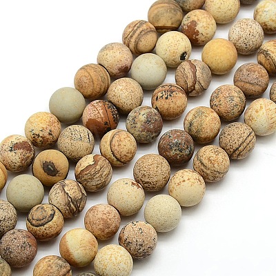 Frosted Natural Picture Jasper Round Bead Strands X-G-M064-10mm-05-1
