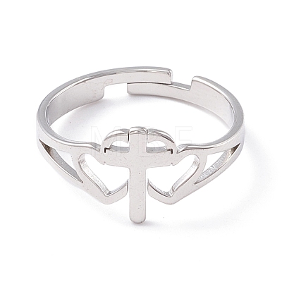 Double Heart with Cross 304 Stainless Steel Adjustable Ring for Women RJEW-B035-06P-1