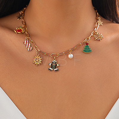 Alloy Enamel Gingerbread Man Christmas Tree Snowflake Pendant Iron Paperclip Chain Necklaces for Women FS-WG51005-01-1