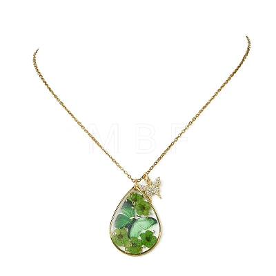 Transparent Epoxy Resin Teardrop & Brass Micro Pave Clear Cubic Zirconia Butterfly Pendant 304 Stainless Steel Cable Chain Necklaces for Women NJEW-JN06288-1