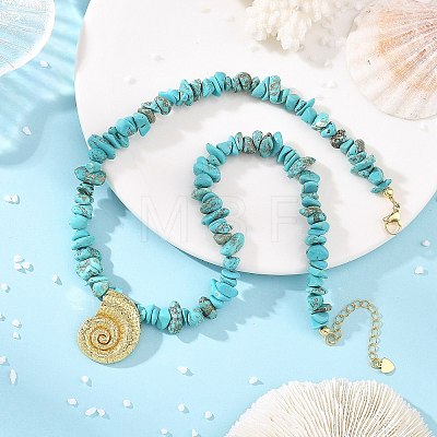 Ocean Brass Sea Animals Pendant Synthetic Turquoise Chip Beaded Necklaces for Women NJEW-JN06424-02-1