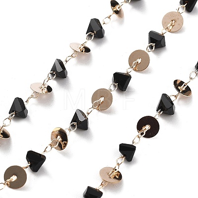 Handmade Brass & Glass Bead Flat Round Chains CHC-L051-05KCG-1